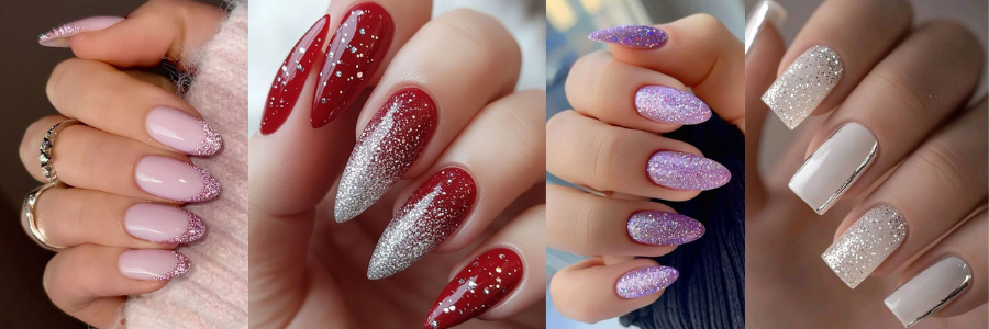 Glittermanicure afgewerkt met een glanzende topcoat